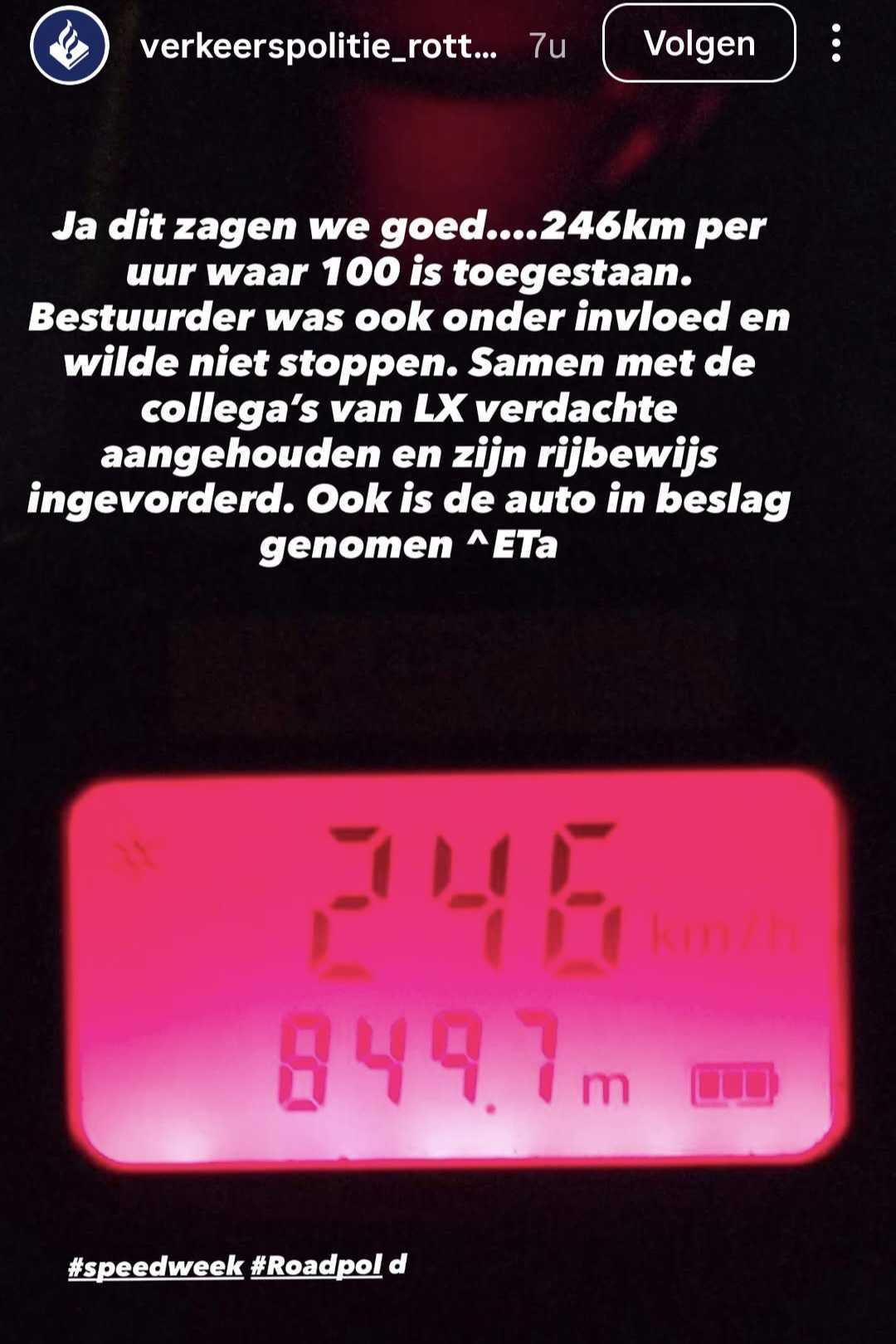 snelheid van 246 km/u