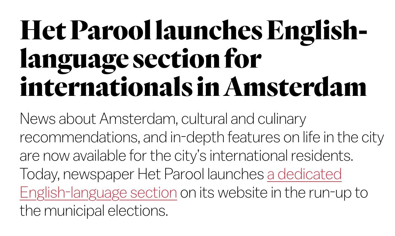 Amsterdamse stadskrant Het Parool probeert een internationaal publiek aan te boren met Engelse artikelen