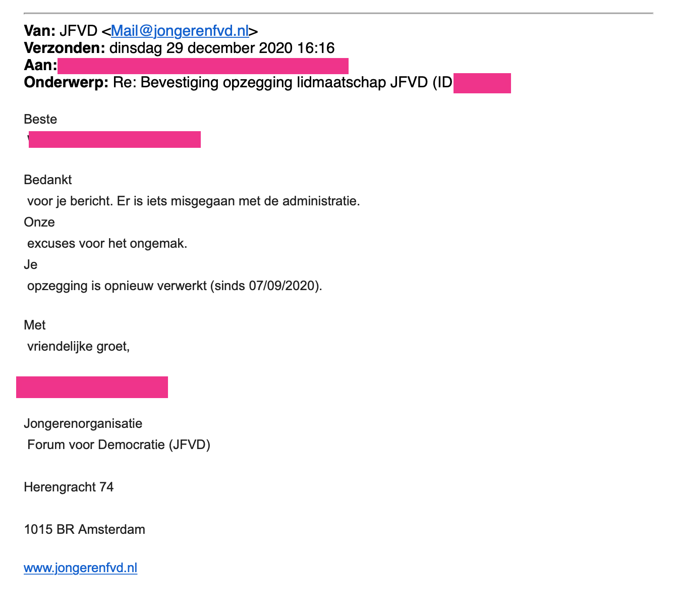 Opzegging 2018, reminders in 2020 na incasso's, bonus webcare-fail