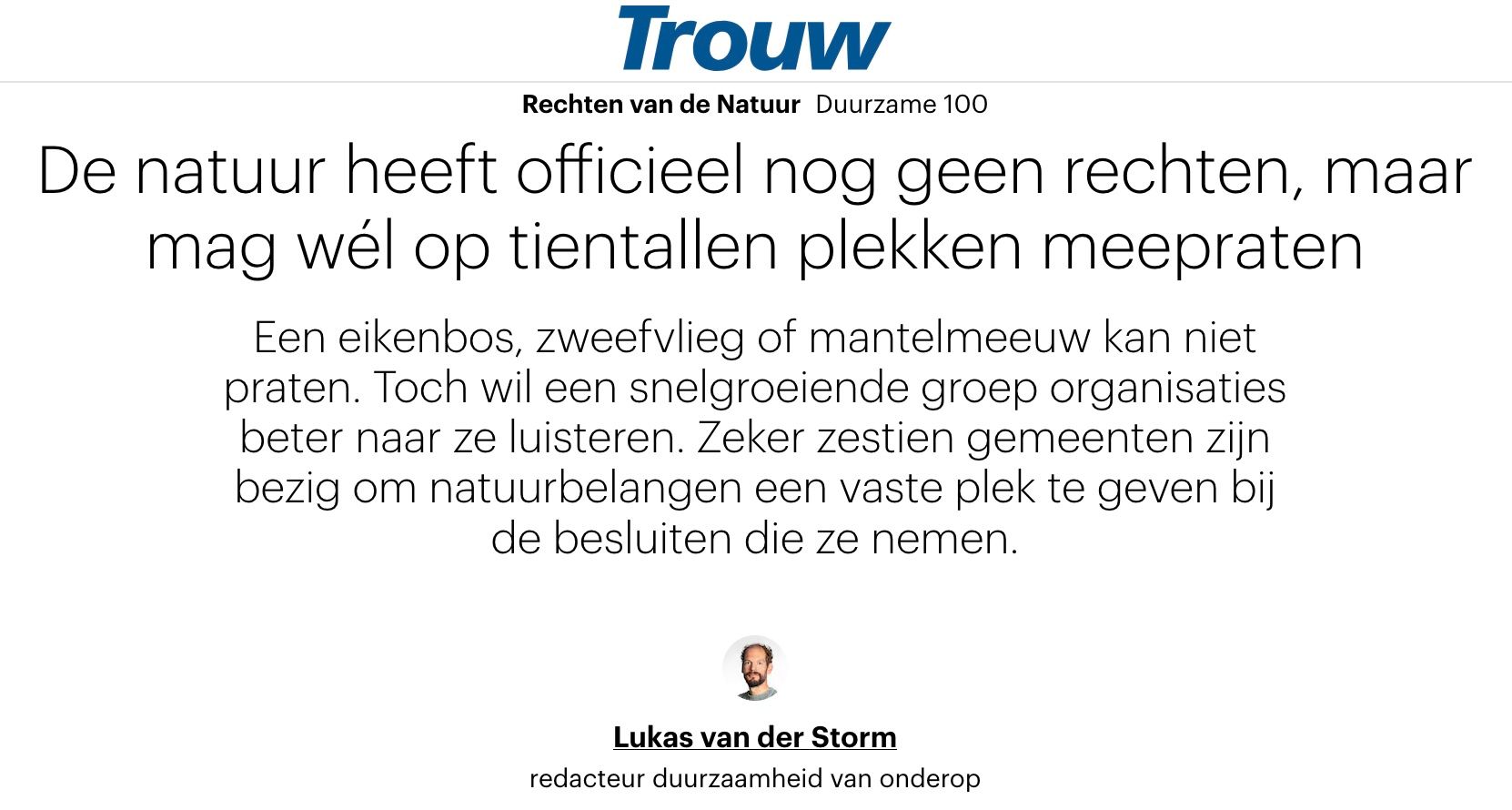 screenshot trouwstuk over de natuur die rechten moet krijgen maar wel al mag meepraten