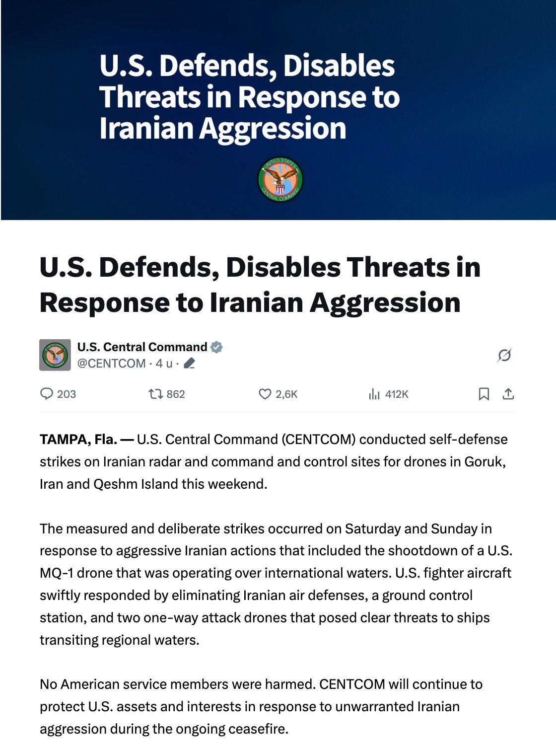us centcom met een bericht over verdedigingsaanvallen tegen iran